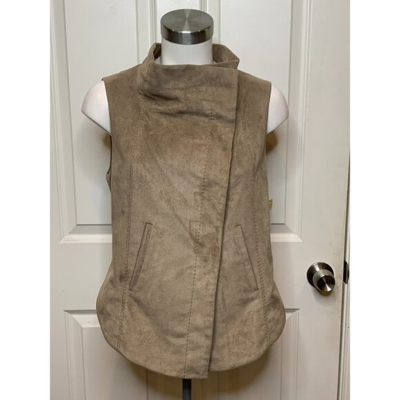 BCBG Max Azria Khaki Brown Faux Suede Asymmetrical Button-Up Vest, Size M - Picture 1 of 9